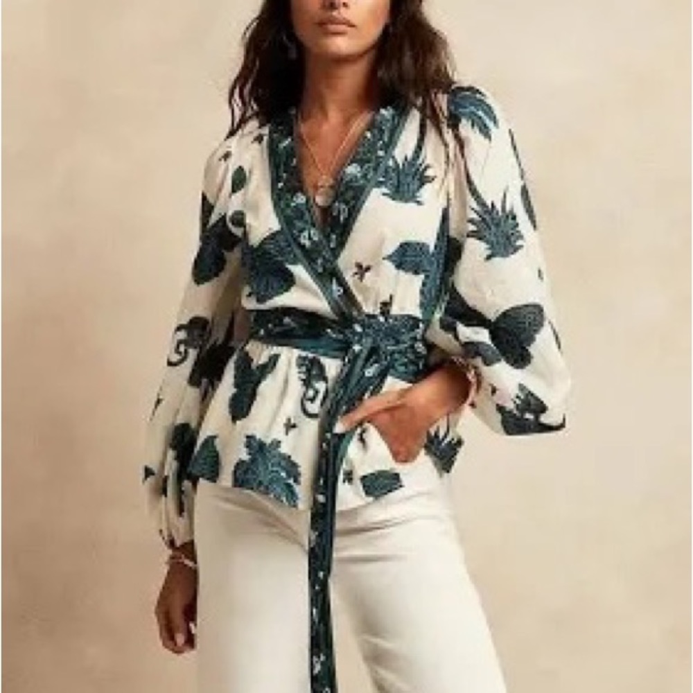 Banana Republic White Top with Teal Floral Print
